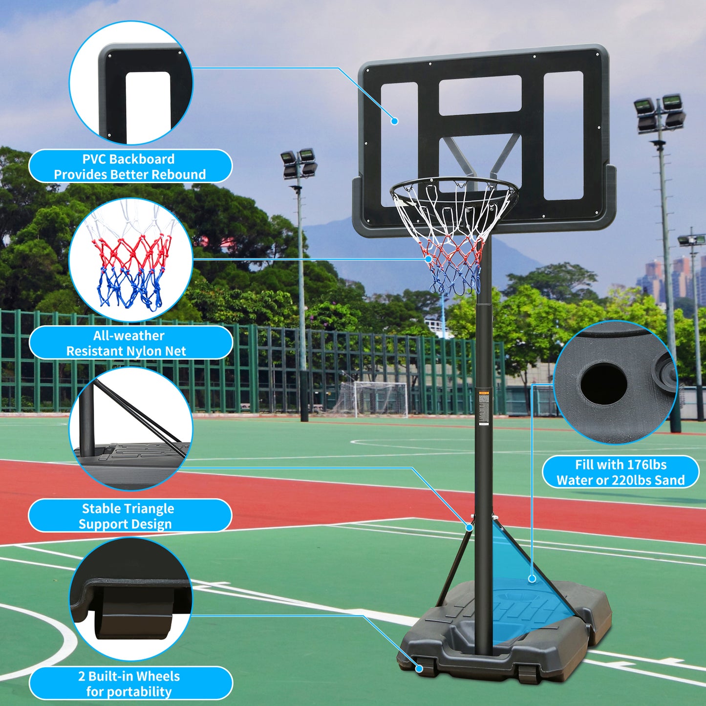 Portable Basketball Hoop Height Adjustable stand 6.6ft - 10ft