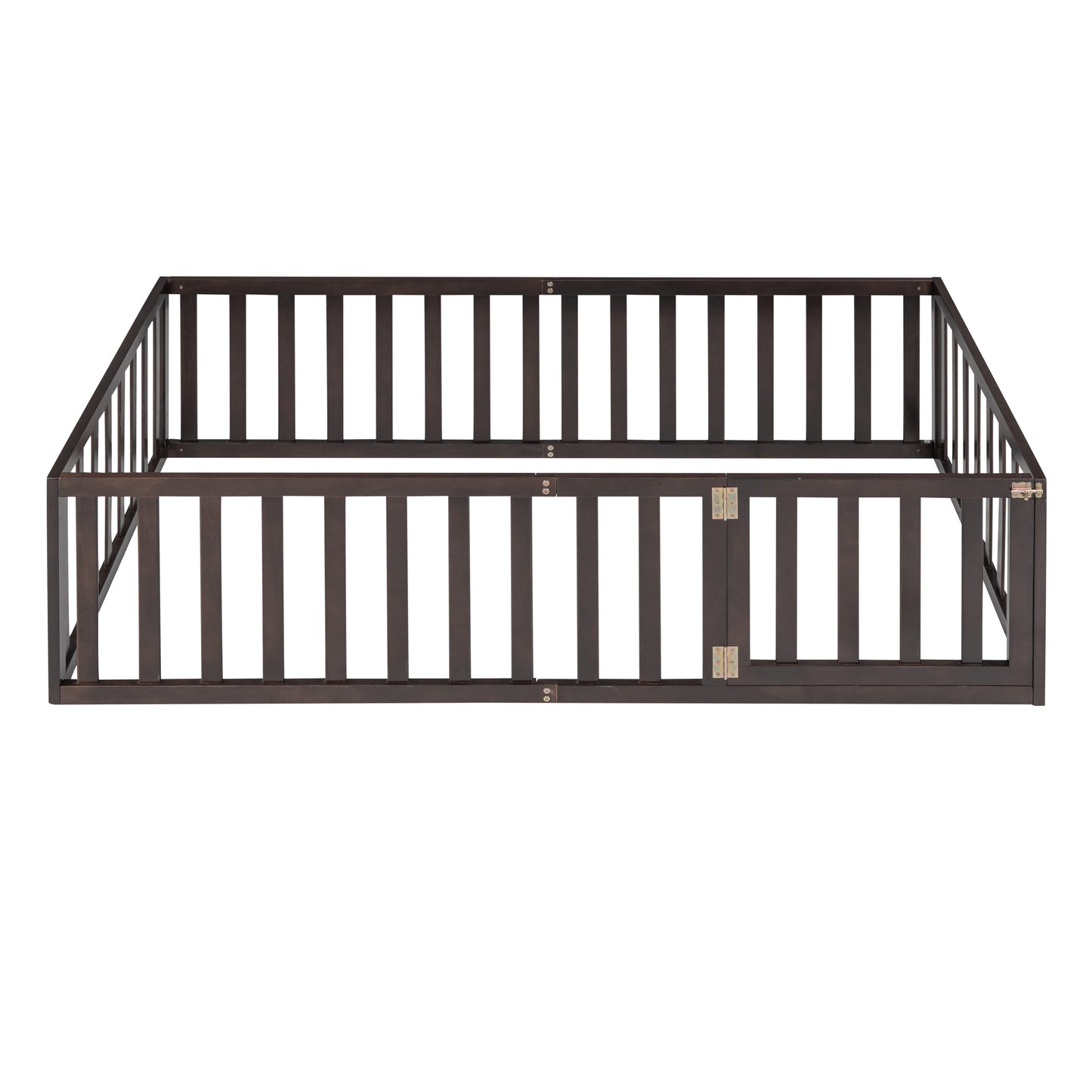 Twin Size Wood Floor Bed Frame with Fence and Door Walnut