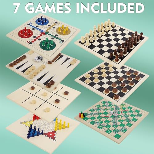 Juegoal 7-in-1 Wooden Board Game Set for Kids Adults, Tabletop Combo Classic Travel Portable Board Games (Chess, Checkers, Chinese Checkers, Backgammon, Parcheesi, Snakes and Ladders, Tic Tac Toe)