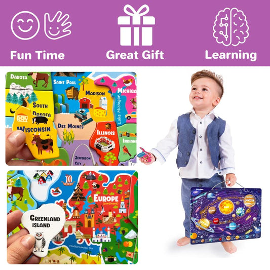 Magnetic Puzzles for Kids Ages 4-6 - 3 Educational Travel Games for Toddlers 3-5 Year Olds by QUOKKA - Space, USA and World Map Learning Toys for Boy and Girl 6-8 Learn United States