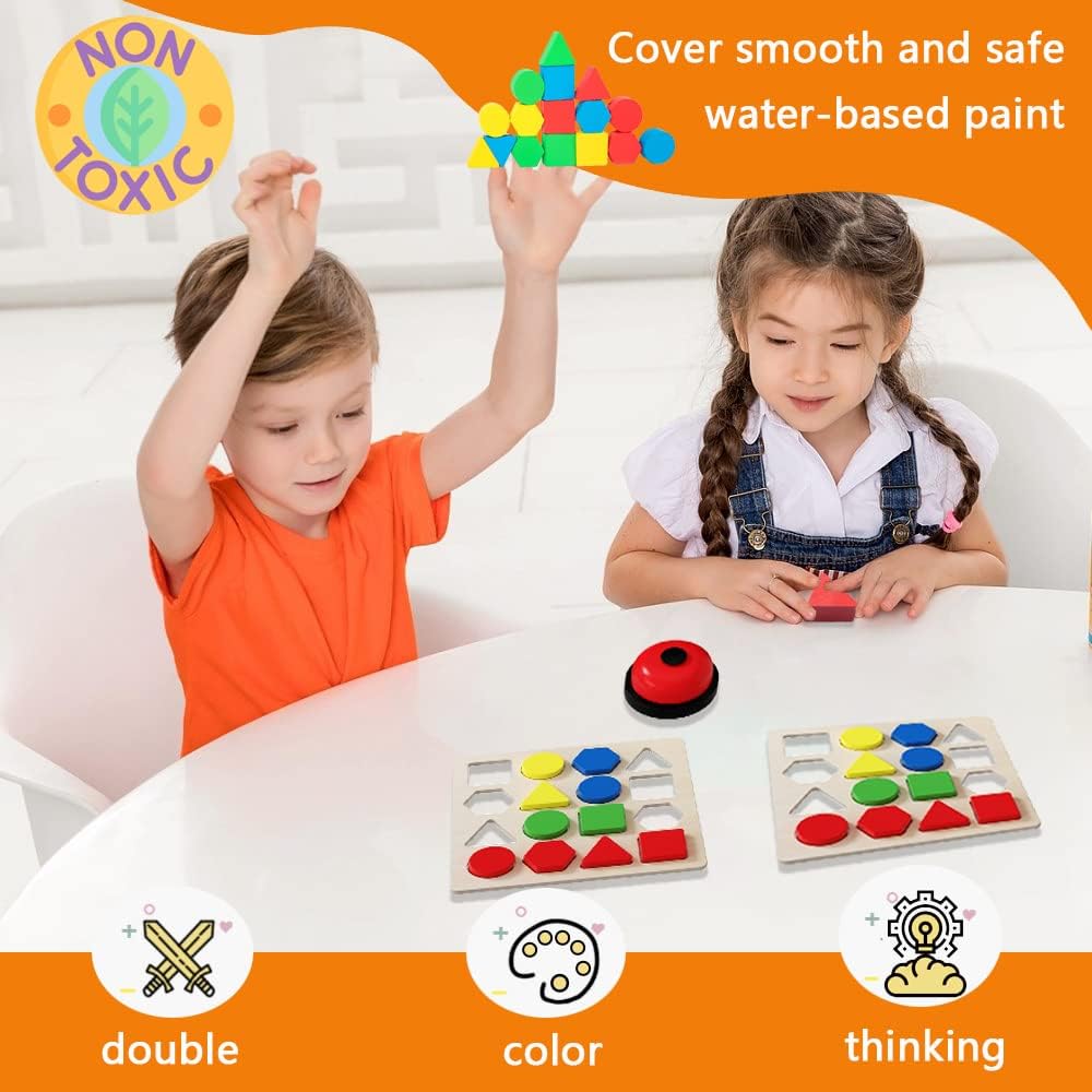 Shape Matching Game,Montessori Toddler Sensory Board Color Sensory Educational Toy Wooden Montessori Puzzles Shape for Boys Girls Over 3 Years Old with Scoreboard, Bell and Cards (For 2 Players)