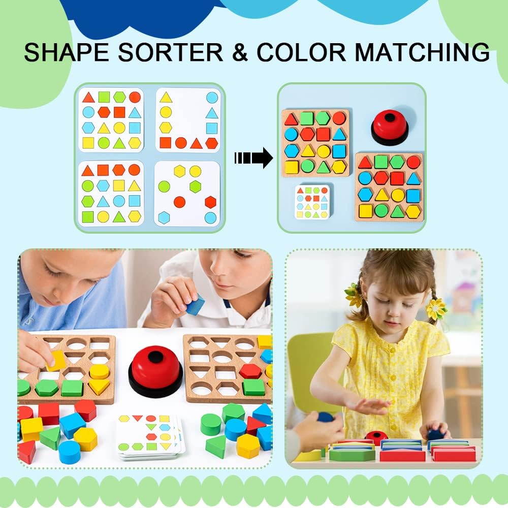 Shape Matching Game,Montessori Toddler Sensory Board Color Sensory Educational Toy Wooden Montessori Puzzles Shape for Boys Girls Over 3 Years Old with Scoreboard, Bell and Cards (For 2 Players)