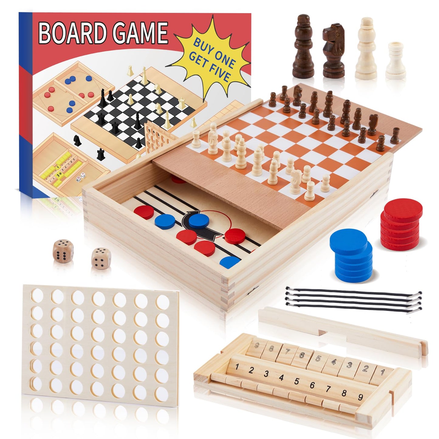 Kaas 5-in-1 Wooden Chess and Checkers Game Set for Kids and Adults, Chess, Checkers, Sling Puck Game, Shut The Box Game, Four-in-a-Row Game, Portable Travel Chess Board Sets Gift Package