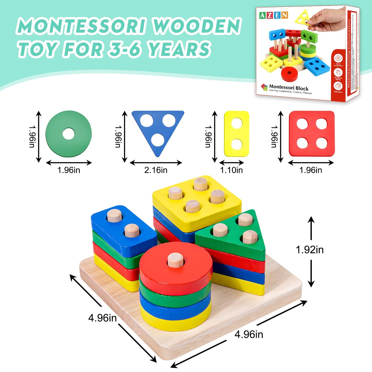 AZEN Montessori Toys for 1 2 3 Year Old Boys Girls, Sensory Toys for Toddlers 1-3, Wooden Sorting & Stacking Toys, Toddler Learning Shape Sorter Educational Toys