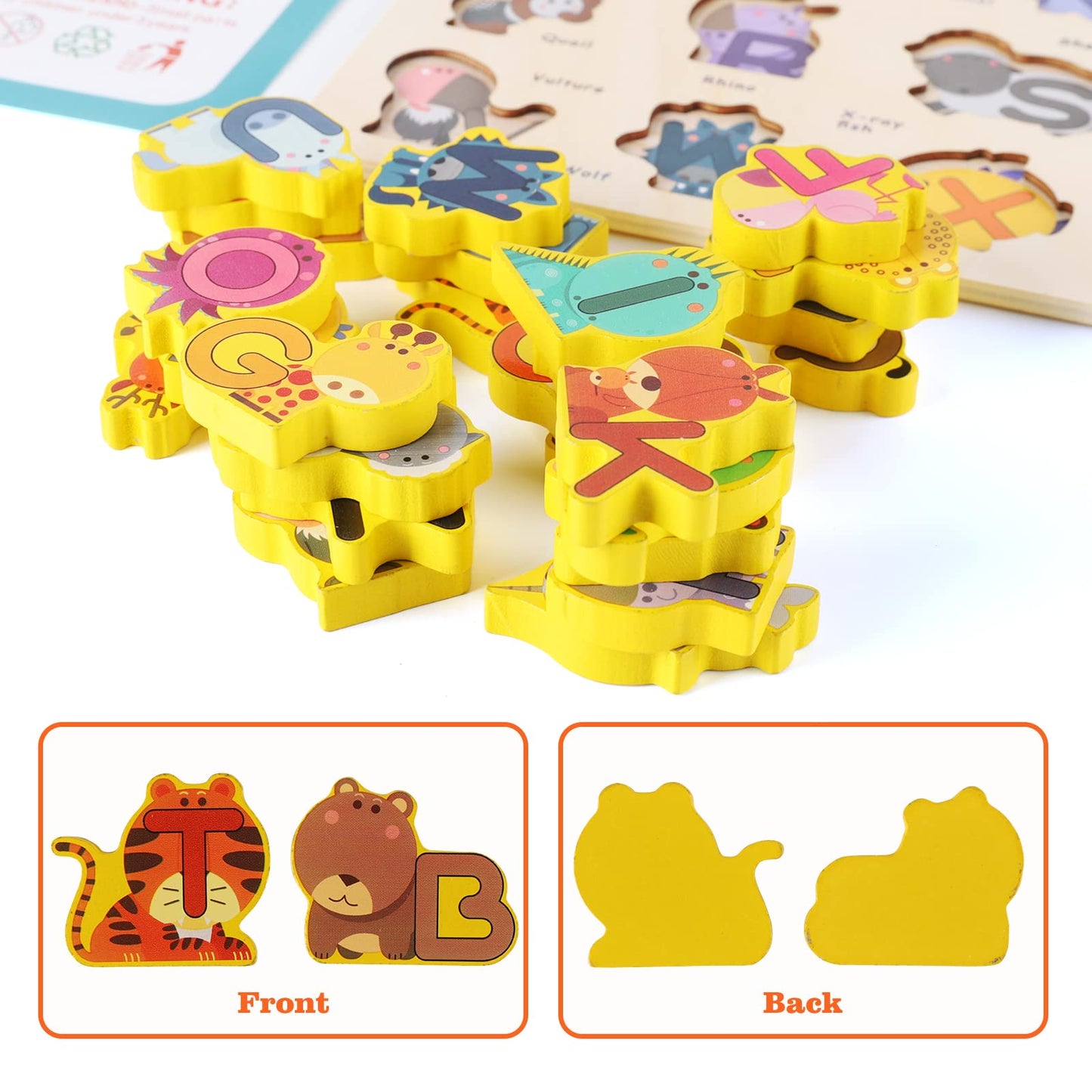 Wooden Peg Animal Alphabet Puzzle Game for Toddlers 2-6 Years Old, Alphabet Puzzles with Animal Shapes and Letters for Boys and Girls, Educational Alphabet Learning Gift Toys for Kids Ages 2 3 4 5 6