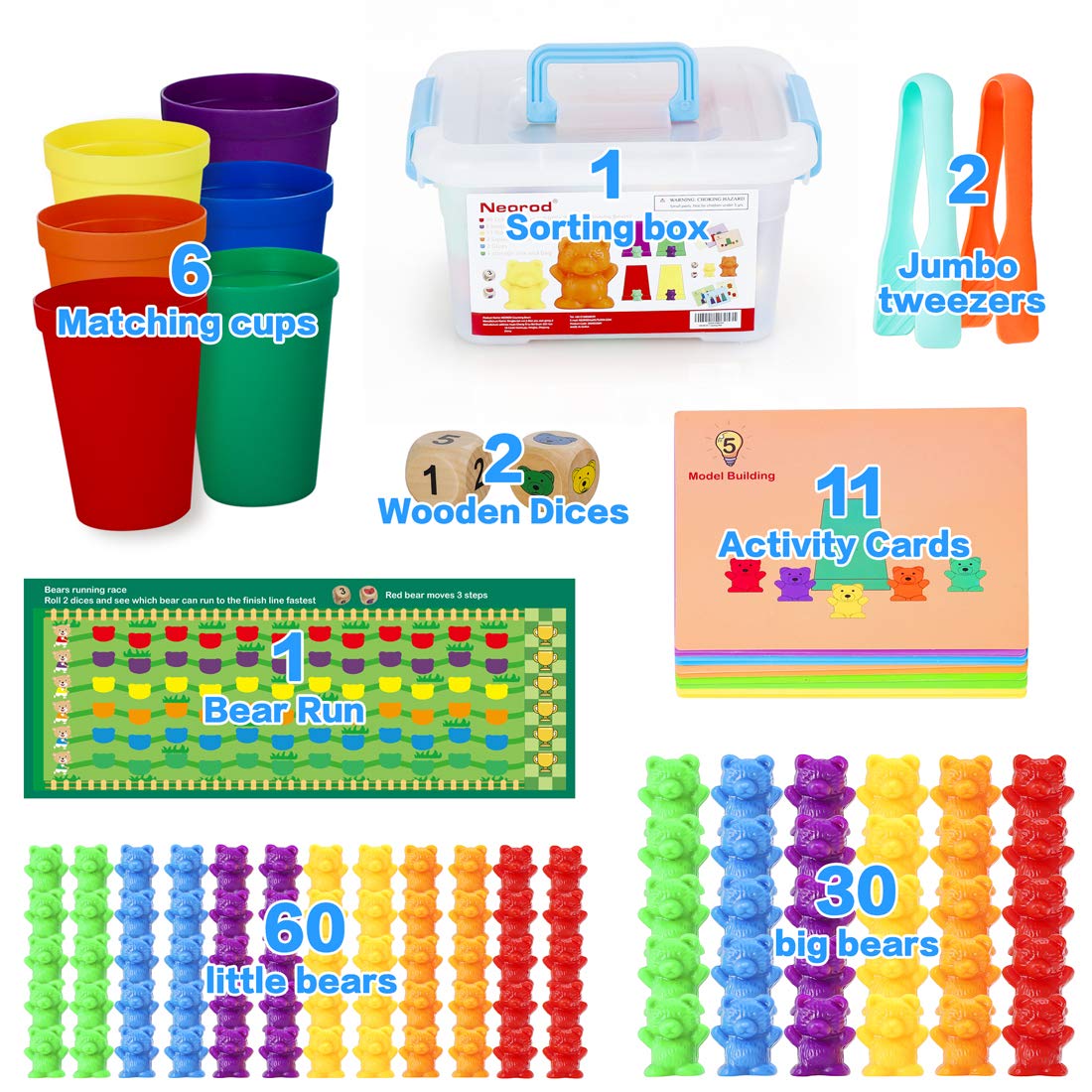 NEOROD Rainbow Counting Bears with Matching Sorting Cups, Number Color Recognition STEM Educational Toddler Preschool Math Manipulatives Toy Set of 90, 2 Tweezers, 2 Dices, 12 Cards, Container