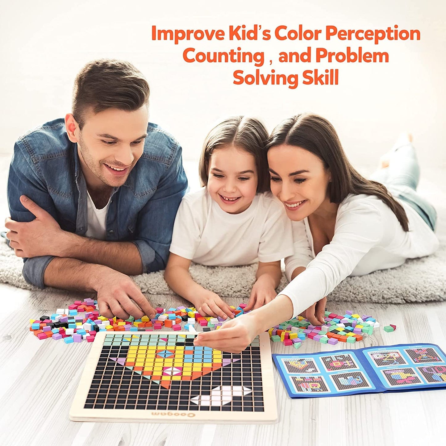 Coogam Wooden Mosaic Puzzle, 370PCS Shape Pattern Blocks with 8 Colors, Pixel Board Game Montessori STEM Toys Gift for Kids Toddlers Boys Girls Ages 4 5 6 7 Years Old