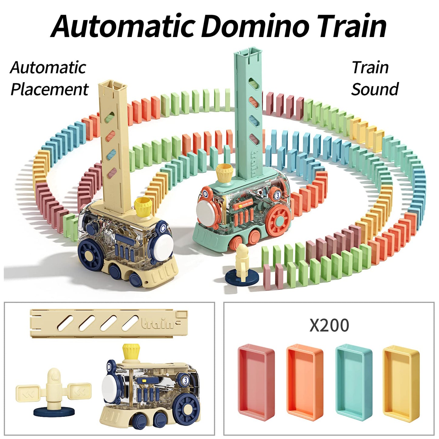 Aiqi 200 PCS Automatic Dominoes Train Set,Fun and Colorful Train with Lighting Sound Effects,Creative Dominos Game Toy for Kids Boys and Girls Age 3-8 [Yellow]