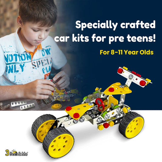 3 Bees & Me STEM Car Building Erector Toy Kit | Educational Metal Project for Boys and Girls Aged 8-11 Years Old (Ages 6-7 with Help) Beginner Gift Set for STEM Learning and Junior Engineers