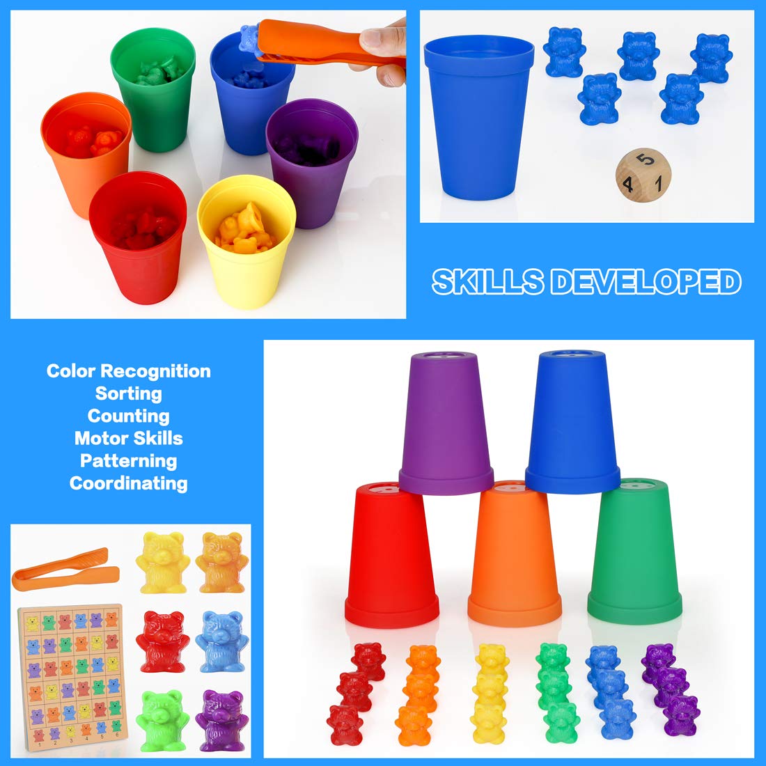 NEOROD Rainbow Counting Bears with Matching Sorting Cups, Number Color Recognition STEM Educational Toddler Preschool Math Manipulatives Toy Set of 90, 2 Tweezers, 2 Dices, 12 Cards, Container