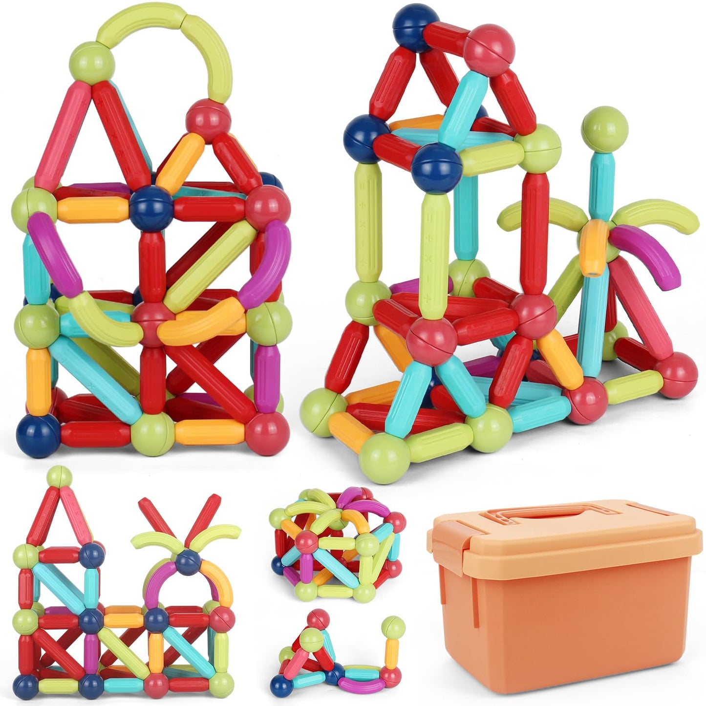 lecover 64 PCS Large Size Magnetic Building Sticks Blocks Toy, Fun & Educational Magnetic Building Sticks,3D Magnet Building Puzzle Toys, Montessori Preschool Toys