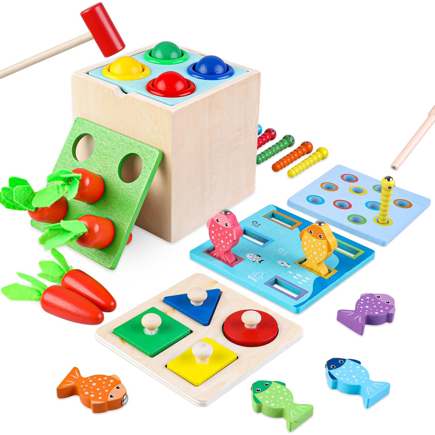 RONSTONE Montessori Toys for 1+ Years Old Kids - 5-in-1 Wooden Play Kit Wood Preschool Fine Motor Skills - Carrot Harvest Game Educational Toys - Christmas Birthday Gift for Toddlers Age 12+ Months