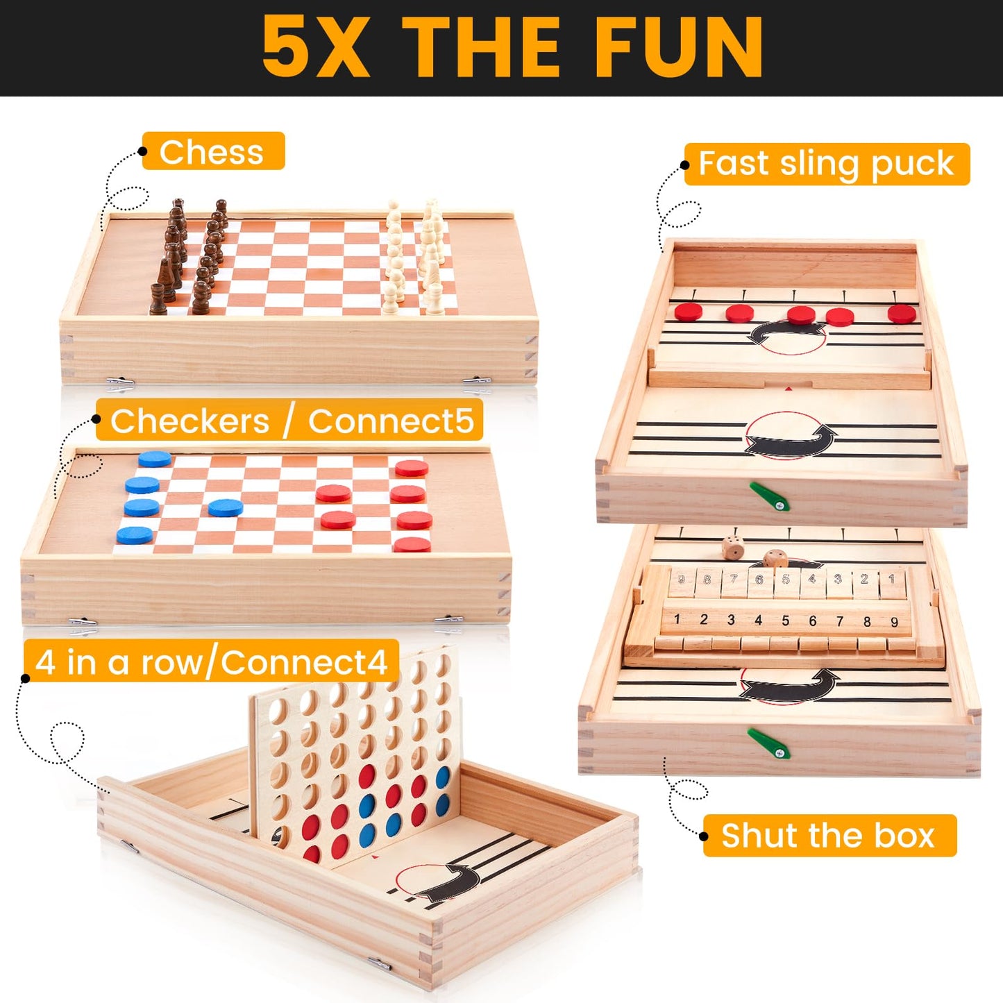 Kaas 5-in-1 Wooden Chess and Checkers Game Set for Kids and Adults, Chess, Checkers, Sling Puck Game, Shut The Box Game, Four-in-a-Row Game, Portable Travel Chess Board Sets Gift Package