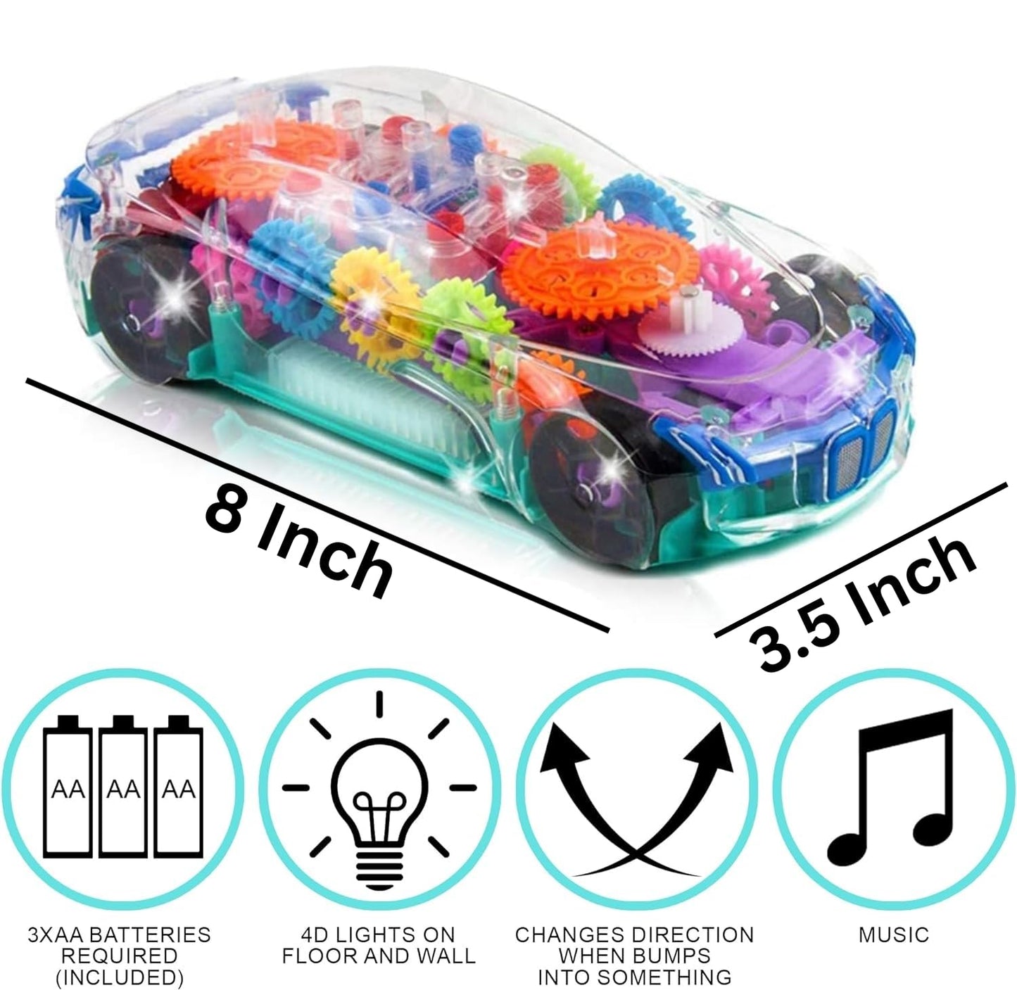 ArtCreativity Light Up Transparent Car Toy for Kids, 1PC, Bump and Go Toy Car with Colorful Moving Gears, Music, and LED Effects, Fun Educational Toy for Kids, Great Birthday Gift Idea