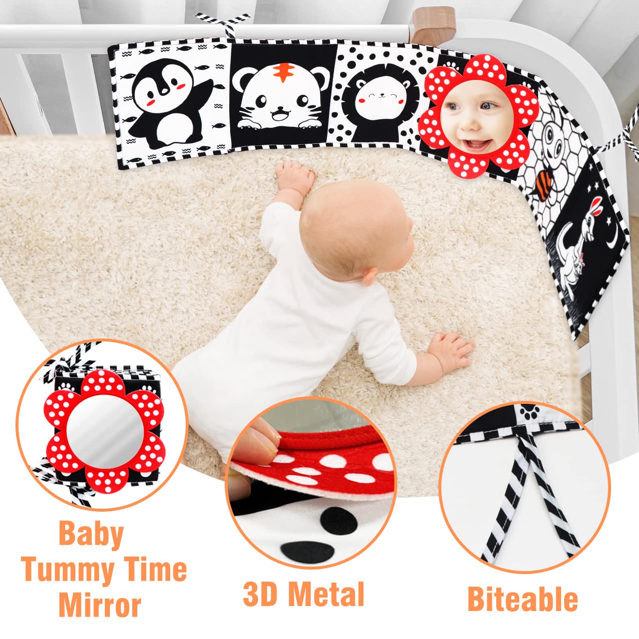 FUNNYB&G Black and White Baby Toys - High Contrast Baby Sensory Book 0-6 6-12 Months for Newborn Brain Development Tummy Time Mirror Toys Infant Montessori Learning Toys for Babies 0-3 3-6 Month