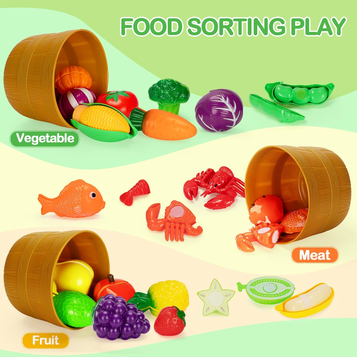 TooyBing Play Food Set for Kids Kitchen- 68 Pcs Pretend Kitchen Food Toy for Toddlers, Cutting & Color Sorting Fake Food/ Fruit/ Vegetable Accessories, Birthday Gifts for 2 3 4 5 Years Old Boys Girls