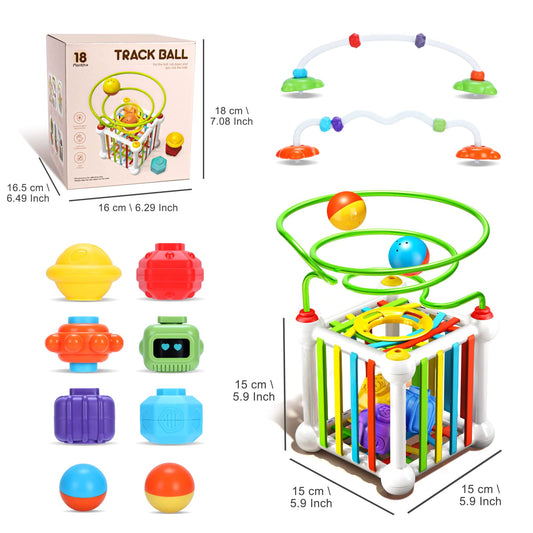 VATOS Baby Montessori Shape Sorter Blocks Toys, Activity Cube with Track for Fine Motor Skills,Montessori Sensory Learning Toys for Infants Toddlers Kids Boys Girls 18+ Months Old Birthday Gifts