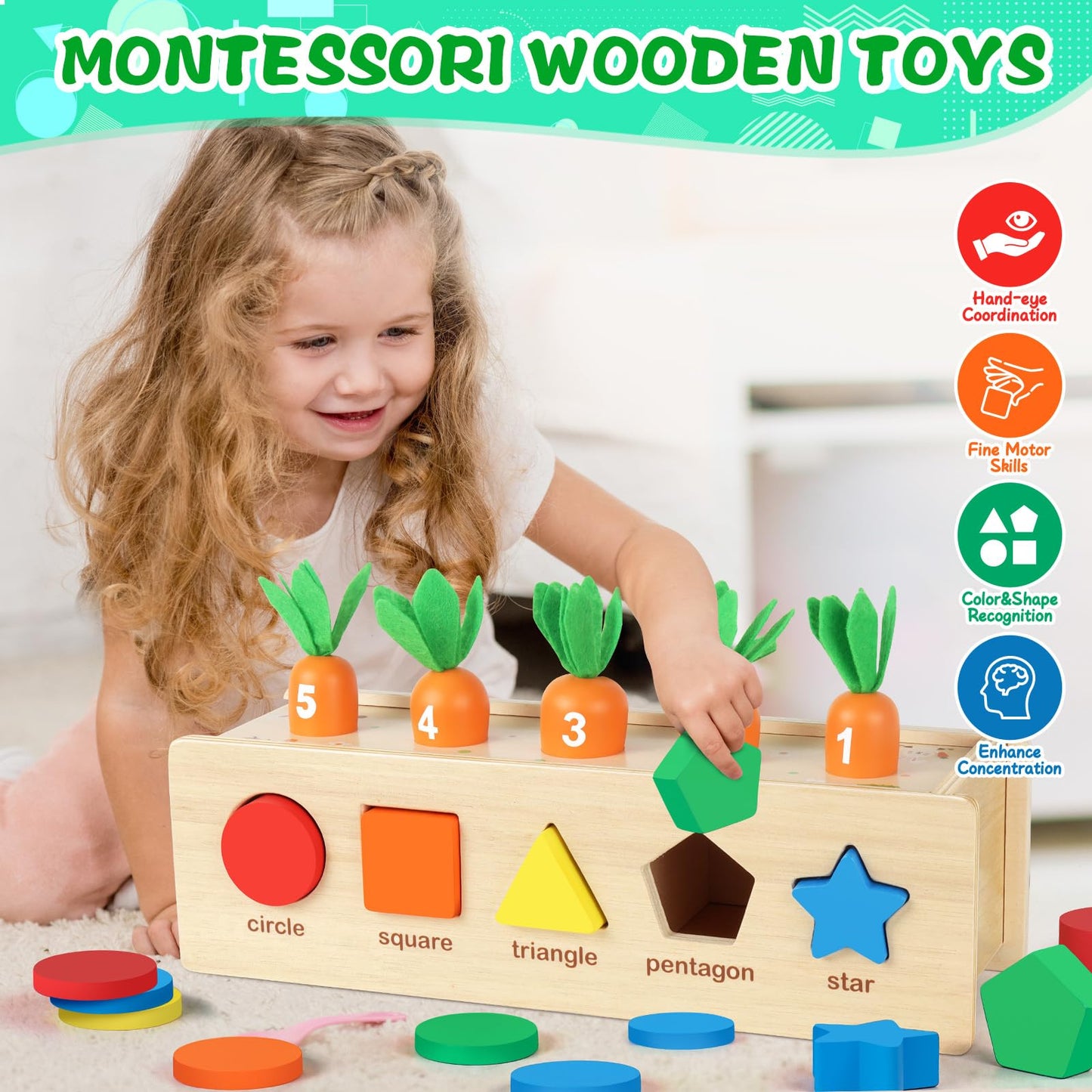 YEGEER Learning Toys and Gifts for Kids 1 2 3 Years Old, Toddler Educational Toys, Wooden Shape Sorter & Color Matching Box, Christmas Birthday Gifts for Boys Girls
