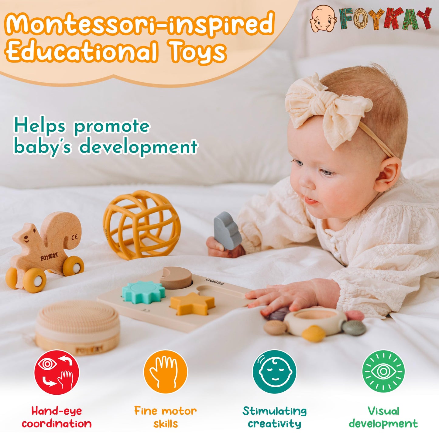 Foykay Montessori Development Toys - Food Grade/BPA Free Baby Sensory Toys/Shape Sorter Puzzle, Teething Toy, Rolling Squirrel & Grasping Ball - Gift - Baby Shower Brush/eBook Included - Pack of 6