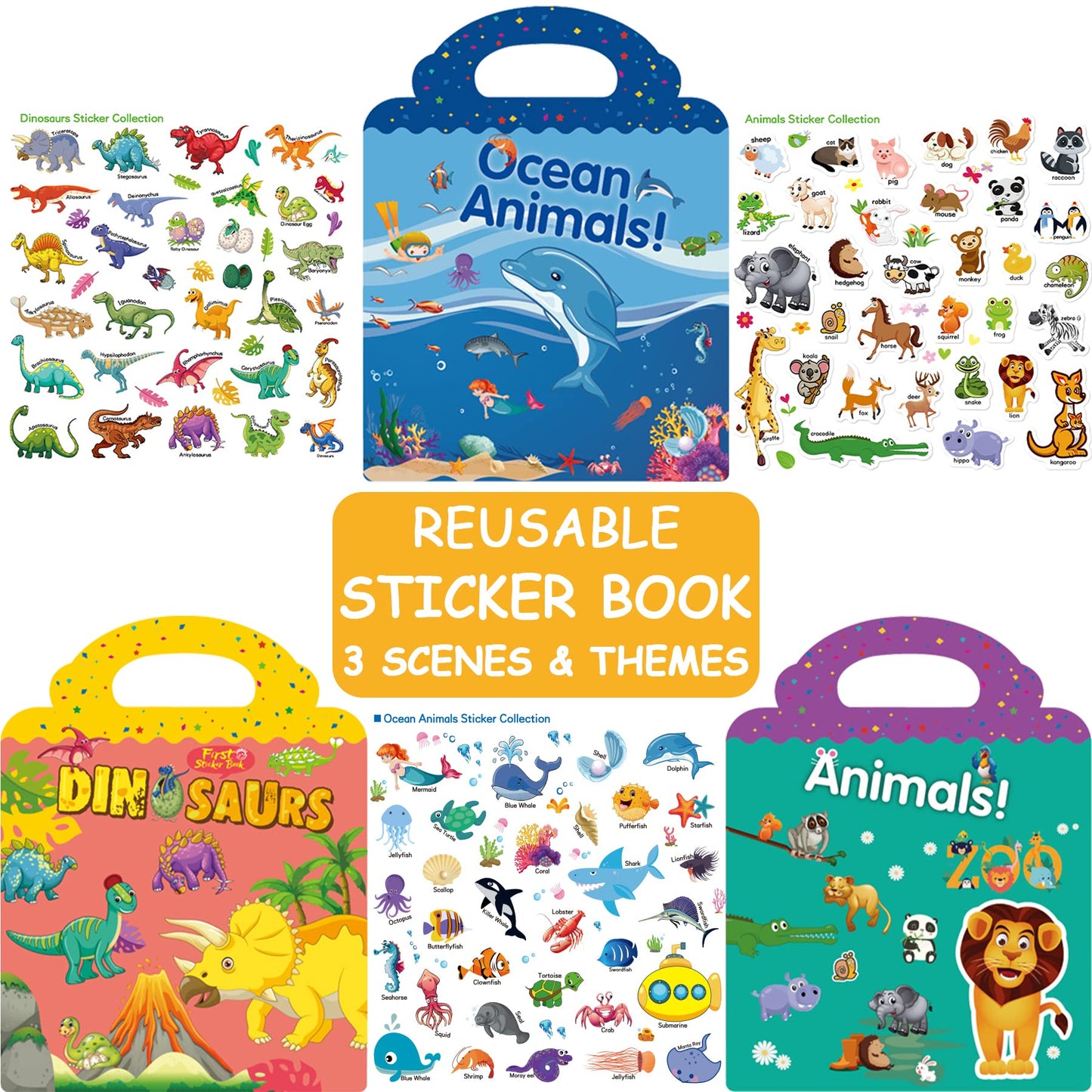 3 Sets Reusable Sticker Books for Kids Toddlers Age 2 3 4 5 Ocean Animals Dinosaurs Animals Scence Pads Window Clings Educational Learning Toy Christmas Birthday Gift for Boys Girls