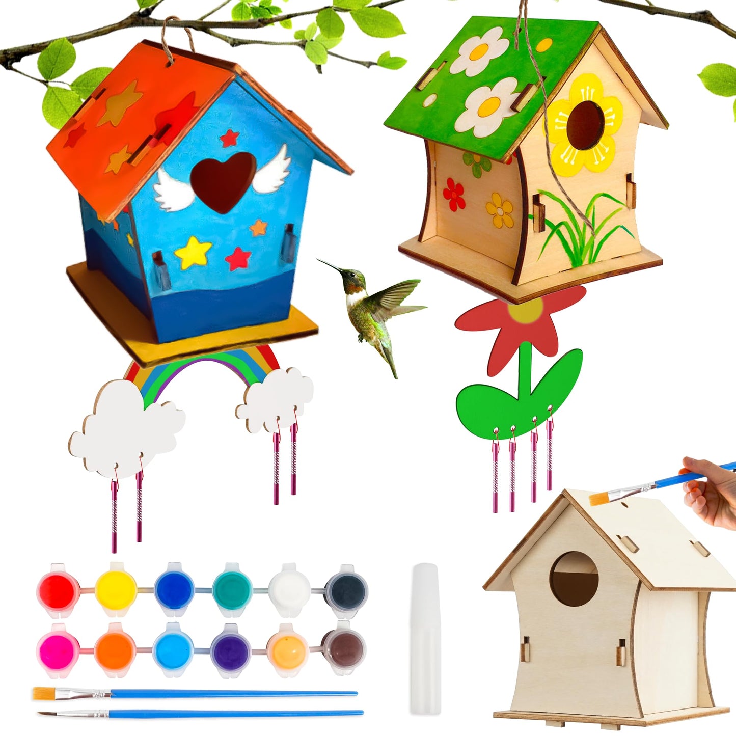BELLOCHIDDO 2 Pack DIY Birdhouse Wind Chime Kit-Wooden Crafts Arts for Kids to Build and Paint,Craft Kits Includes Paints & Brushes,Halloween Gifts Toys for Girls Boys Toddlers Ages 3-5 4-6 6-8 8-12