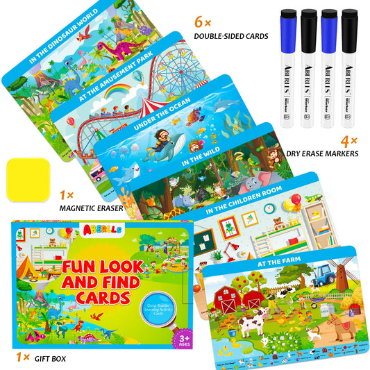 Search and Find Cards for Kids Ages 3 4 5 6 year olds, Toddler Preschool Learning Reusable Activity Mats with 4 Dry Erase Markers, Kindergarten Educational Game Toys for Boys & Girls Toddlers Ages 3-6