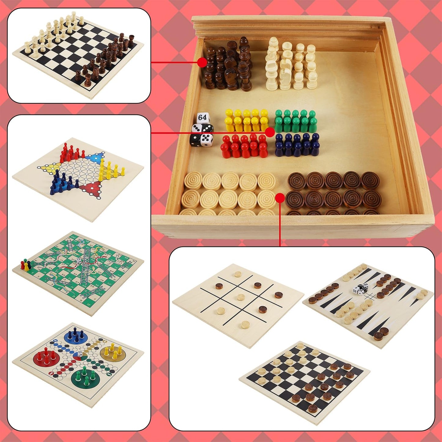 Juegoal 7-in-1 Wooden Board Game Set for Kids Adults, Tabletop Combo Classic Travel Portable Board Games (Chess, Checkers, Chinese Checkers, Backgammon, Parcheesi, Snakes and Ladders, Tic Tac Toe)