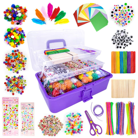 1405 Pcs Art and Craft Supplies for Kids, Toddler DIY Craft Art Supply Set Included Pipe Cleaners, Pom Poms, Feather, Folding Storage Box - All in One for Craft DIY Art Supplies (Purple)
