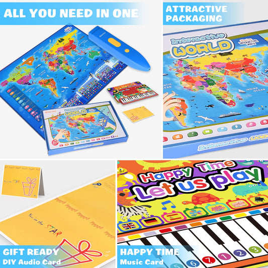 Qiaojoy Bilingual Interactive World Map for Kids Learning and Educational Toys, Talking Electronic Kids World Map i-Poster Geography Games Ages 3 to 12 Years Old, Custom Talking Birthday Gifts Card