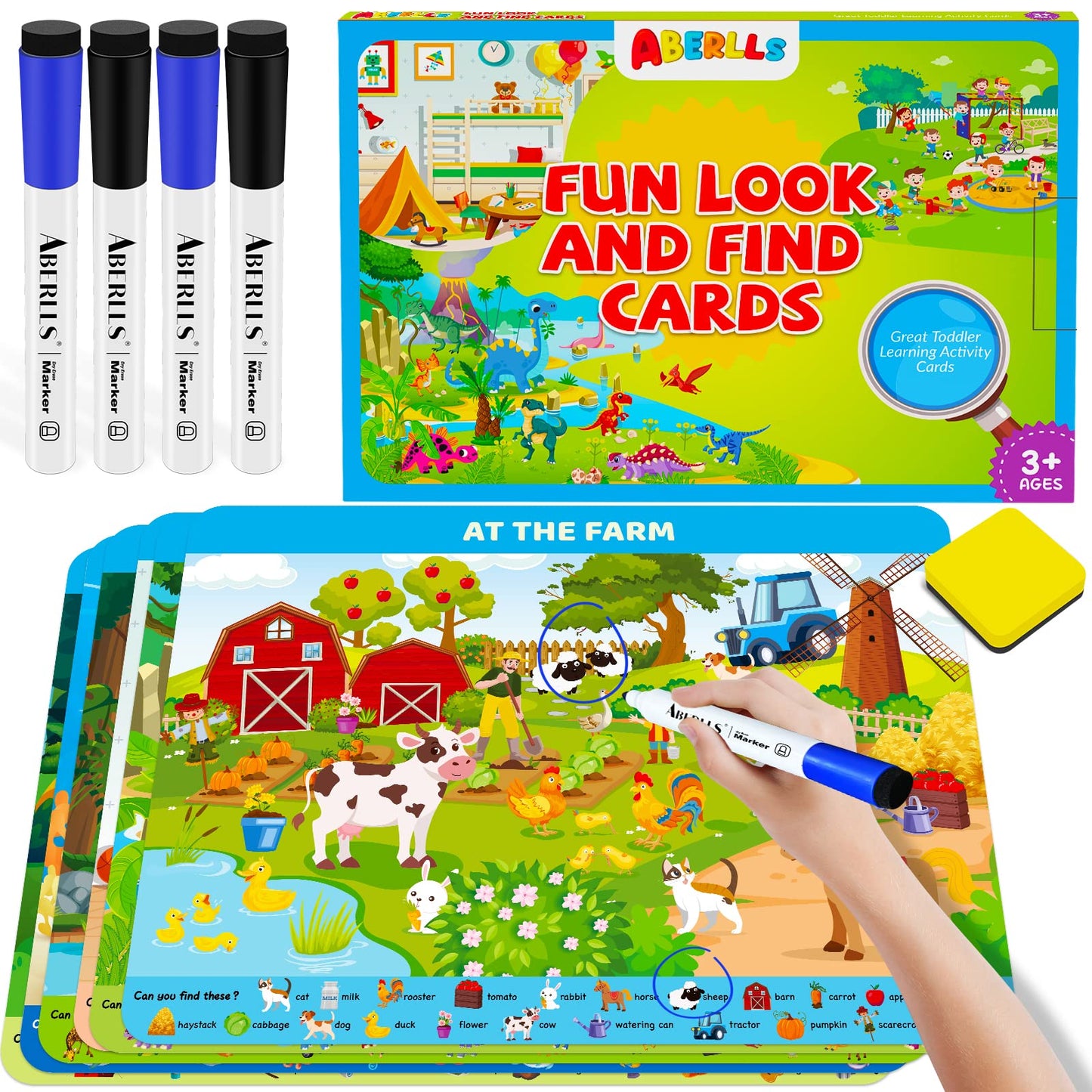 Search and Find Cards for Kids Ages 3 4 5 6 year olds, Toddler Preschool Learning Reusable Activity Mats with 4 Dry Erase Markers, Kindergarten Educational Game Toys for Boys & Girls Toddlers Ages 3-6