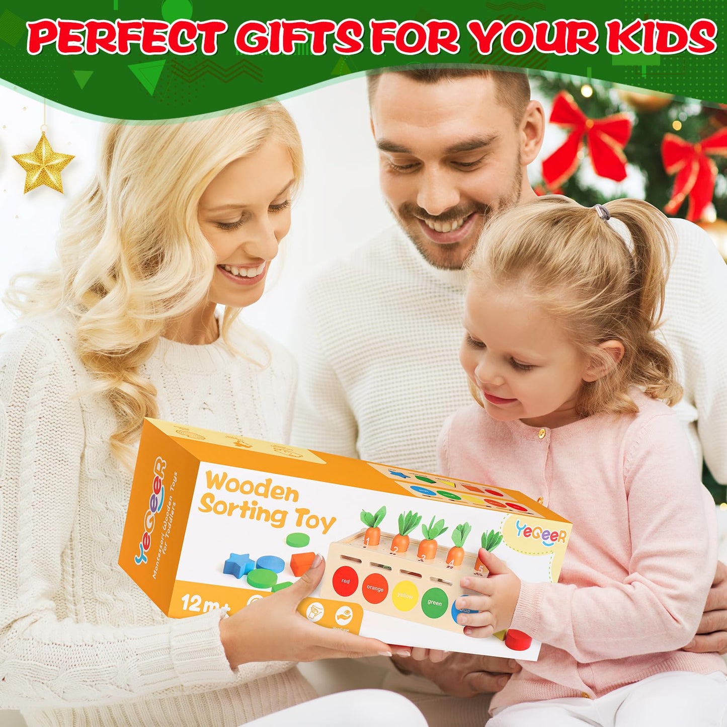 YEGEER Learning Toys and Gifts for Kids 1 2 3 Years Old, Toddler Educational Toys, Wooden Shape Sorter & Color Matching Box, Christmas Birthday Gifts for Boys Girls
