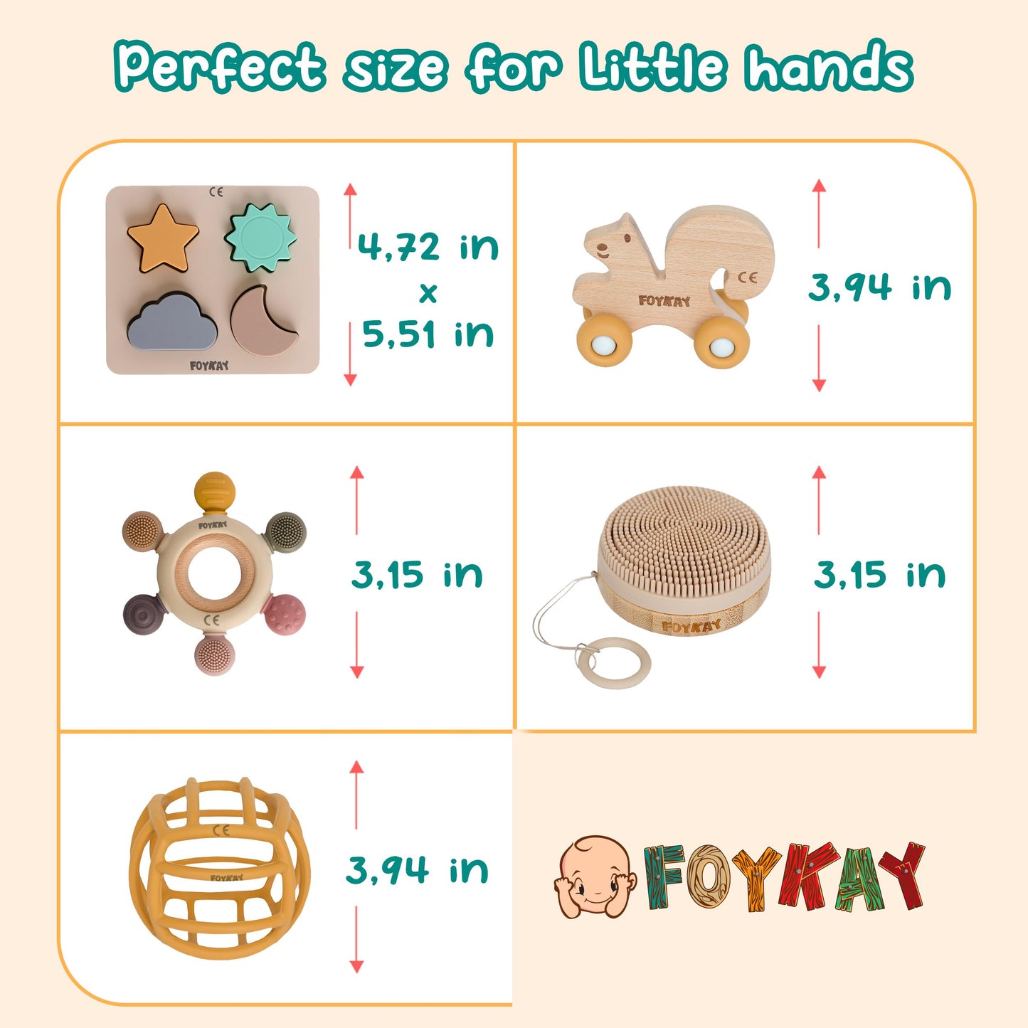 Foykay Montessori Development Toys - Food Grade/BPA Free Baby Sensory Toys/Shape Sorter Puzzle, Teething Toy, Rolling Squirrel & Grasping Ball - Gift - Baby Shower Brush/eBook Included - Pack of 6