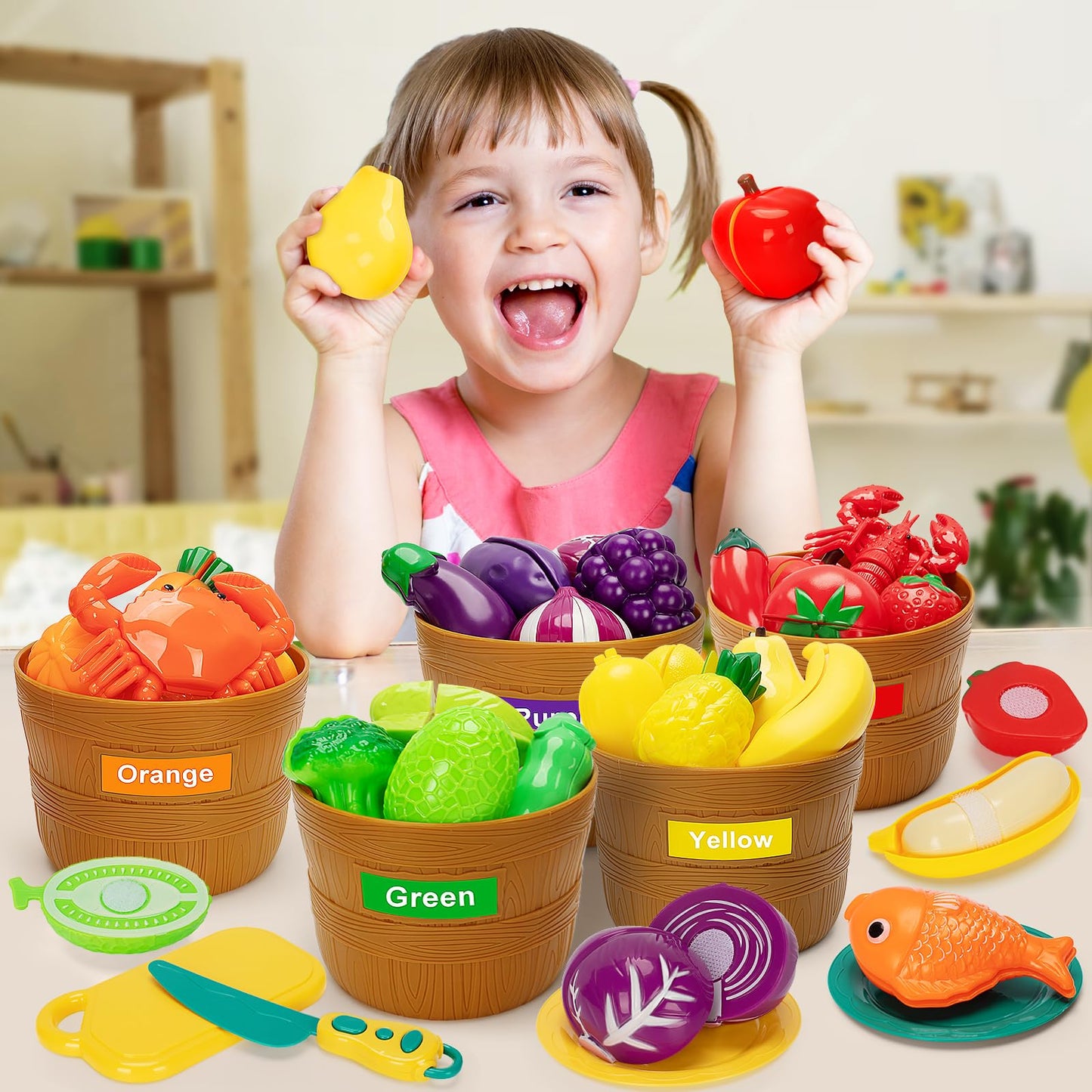 TooyBing Play Food Set for Kids Kitchen- 68 Pcs Pretend Kitchen Food Toy for Toddlers, Cutting & Color Sorting Fake Food/ Fruit/ Vegetable Accessories, Birthday Gifts for 2 3 4 5 Years Old Boys Girls