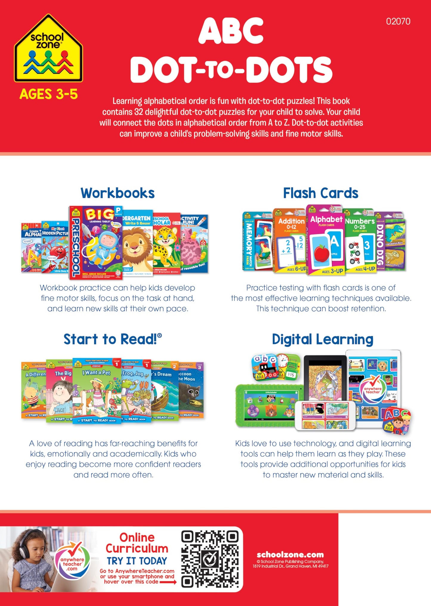School Zone ABC Dot-to-Dots Workbook: Preschool, Kindergarten, Connect the Dots, Alphabet, Letter Puzzles, Creative, and More (A Get Ready!™ Activity Book Series)