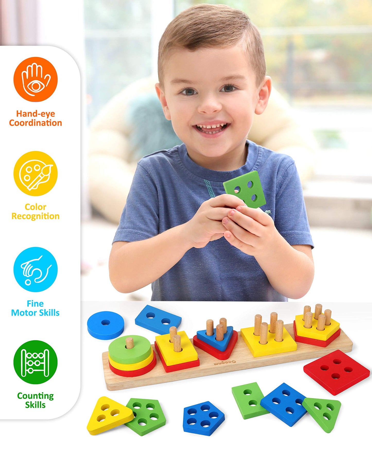 Coogam Wooden Sorting Stacking Montessori Toys, Shape Color Recognition Blocks Matching Puzzle Stacker Geometric Board Early Educational Puzzles for Years Old Boys and Girls
