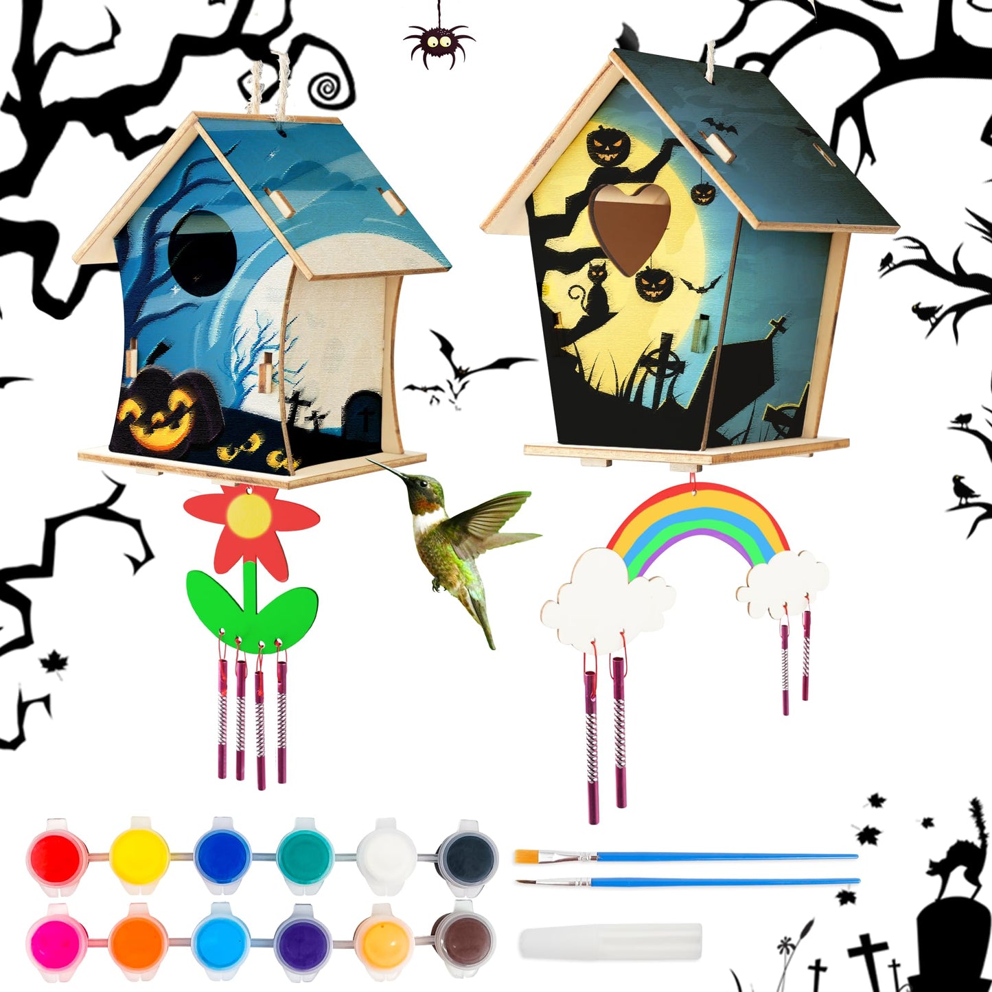 BELLOCHIDDO 2 Pack DIY Birdhouse Wind Chime Kit-Wooden Crafts Arts for Kids to Build and Paint,Craft Kits Includes Paints & Brushes,Halloween Gifts Toys for Girls Boys Toddlers Ages 3-5 4-6 6-8 8-12