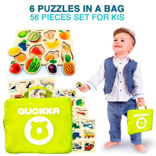 Puzzles for Toddlers 2-4 in a Bag – 6 Montessori Wooden Kids Puzzles Ages 3-5 by QUOKKA – Preschool Wood Game for Boys and Girls 4-6 – Gift for Learning Realistic Animals Fruits Vehicles