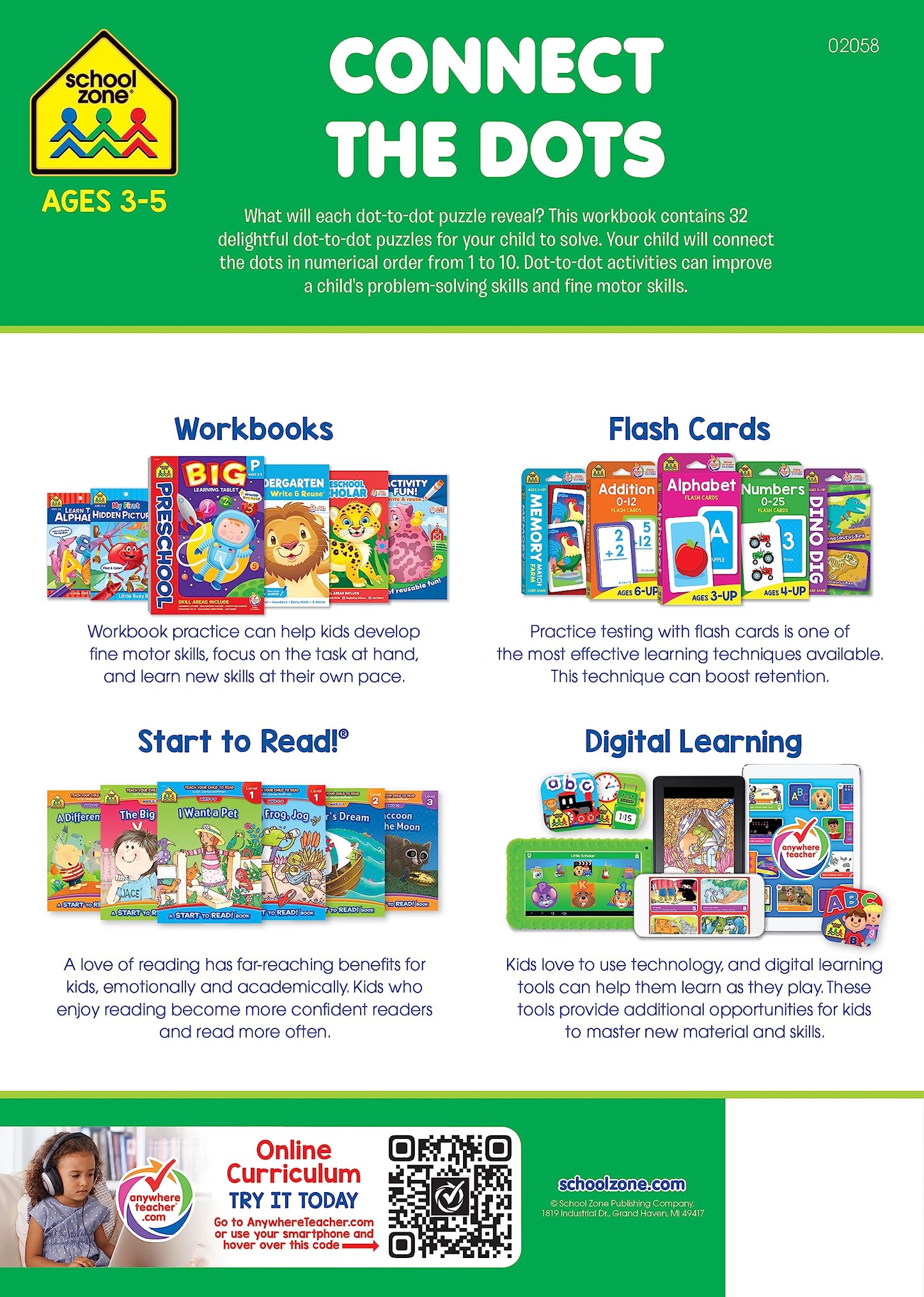 School Zone - Connect the Dots Workbook - 32 Pages, Ages 3 to 5, Preschool, Kindergarten, Dot-to-Dots, Counting, Number Puzzles, Numbers 1-10, Coloring, and More (School Zone Get Ready!™ Book Series)