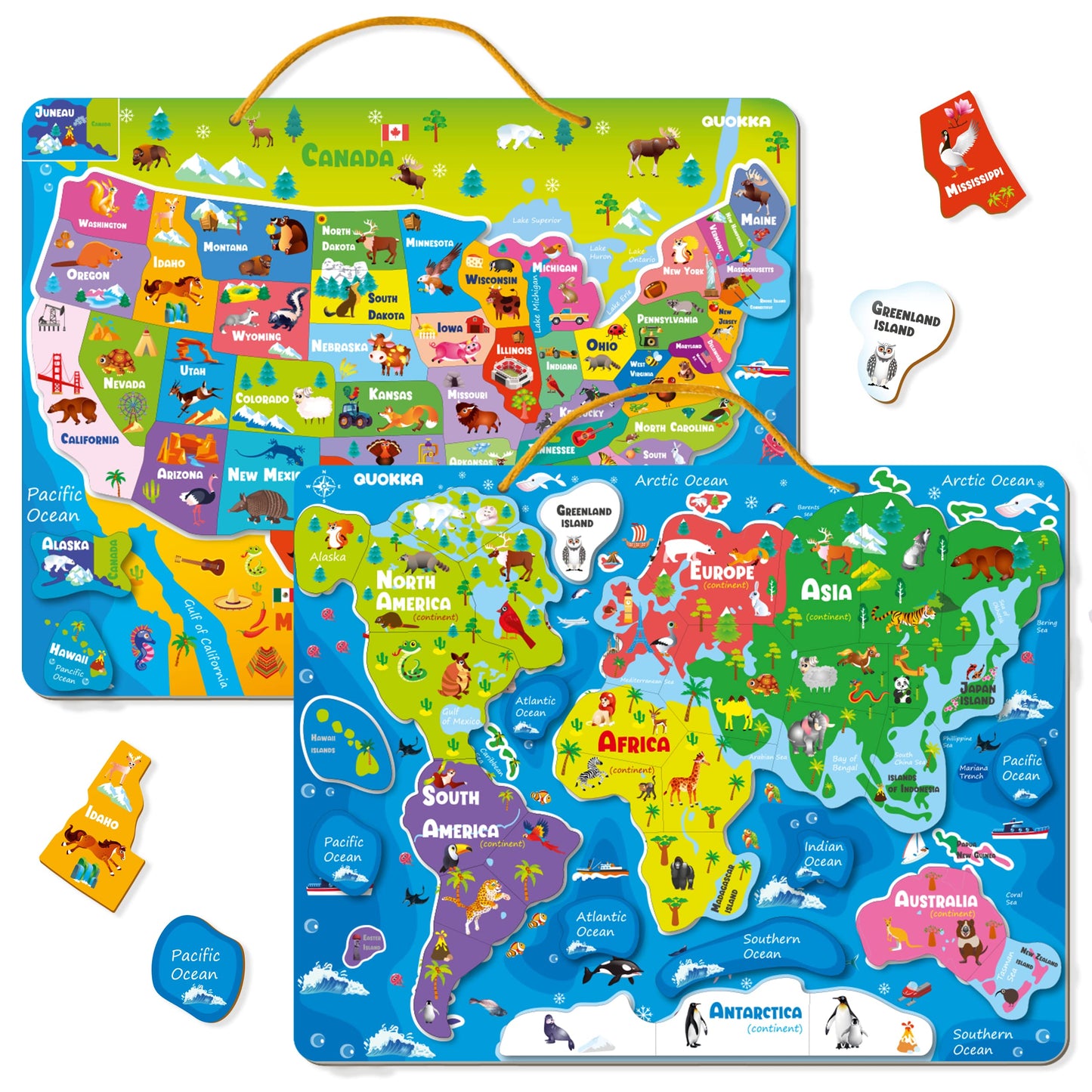 Magnetic Puzzles for Kids Ages 4-6 - 3 Educational Travel Games for Toddlers 3-5 Year Olds by QUOKKA - Space, USA and World Map Learning Toys for Boy and Girl 6-8 Learn United States