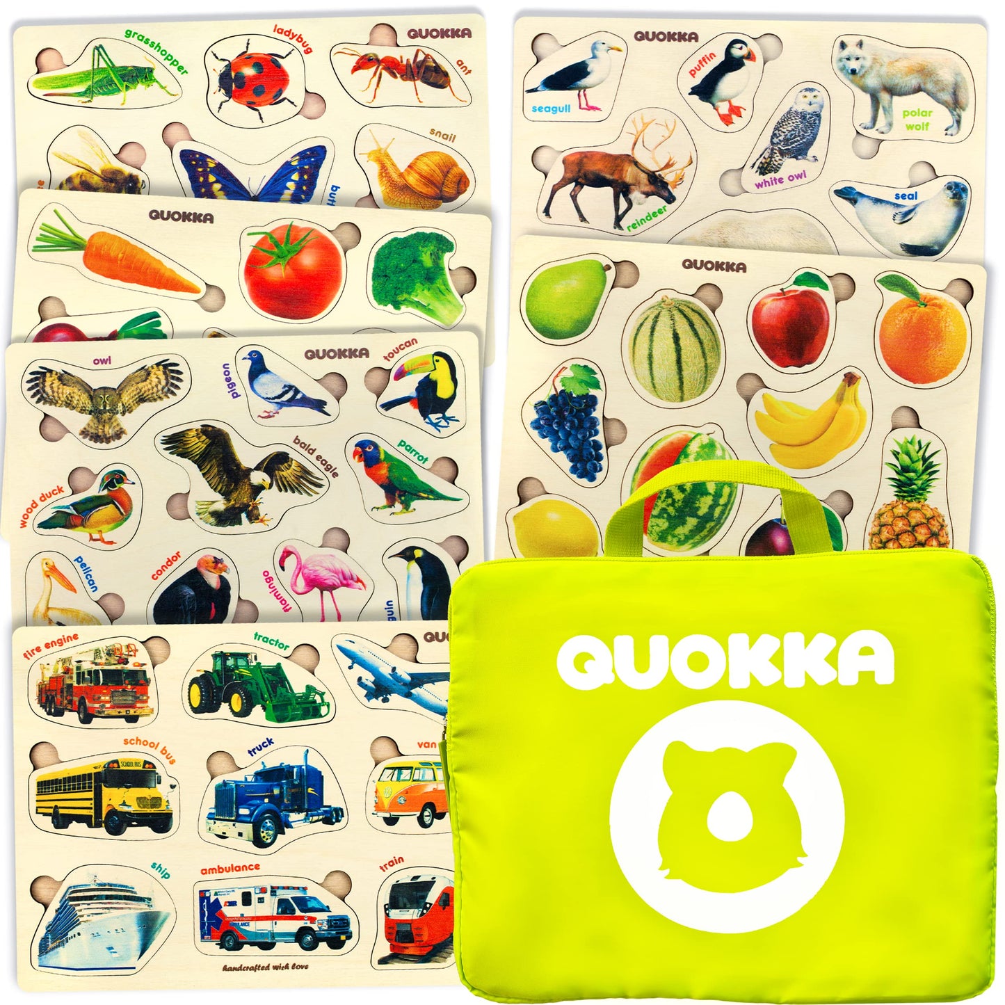 Puzzles for Toddlers 2-4 in a Bag – 6 Montessori Wooden Kids Puzzles Ages 3-5 by QUOKKA – Preschool Wood Game for Boys and Girls 4-6 – Gift for Learning Realistic Animals Fruits Vehicles