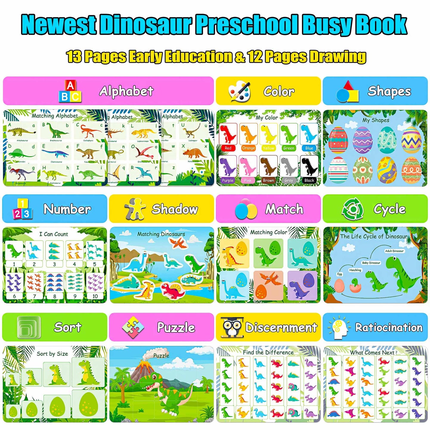iGetooy Montessori Busy Book for Toddlers 1-3, Preschool Learning Activities Book, Newest Dinosaur Themes Busy Book for Kids Toys Ages 3-5, Kindergarten Preschool Workbook for Kids Boys Girls