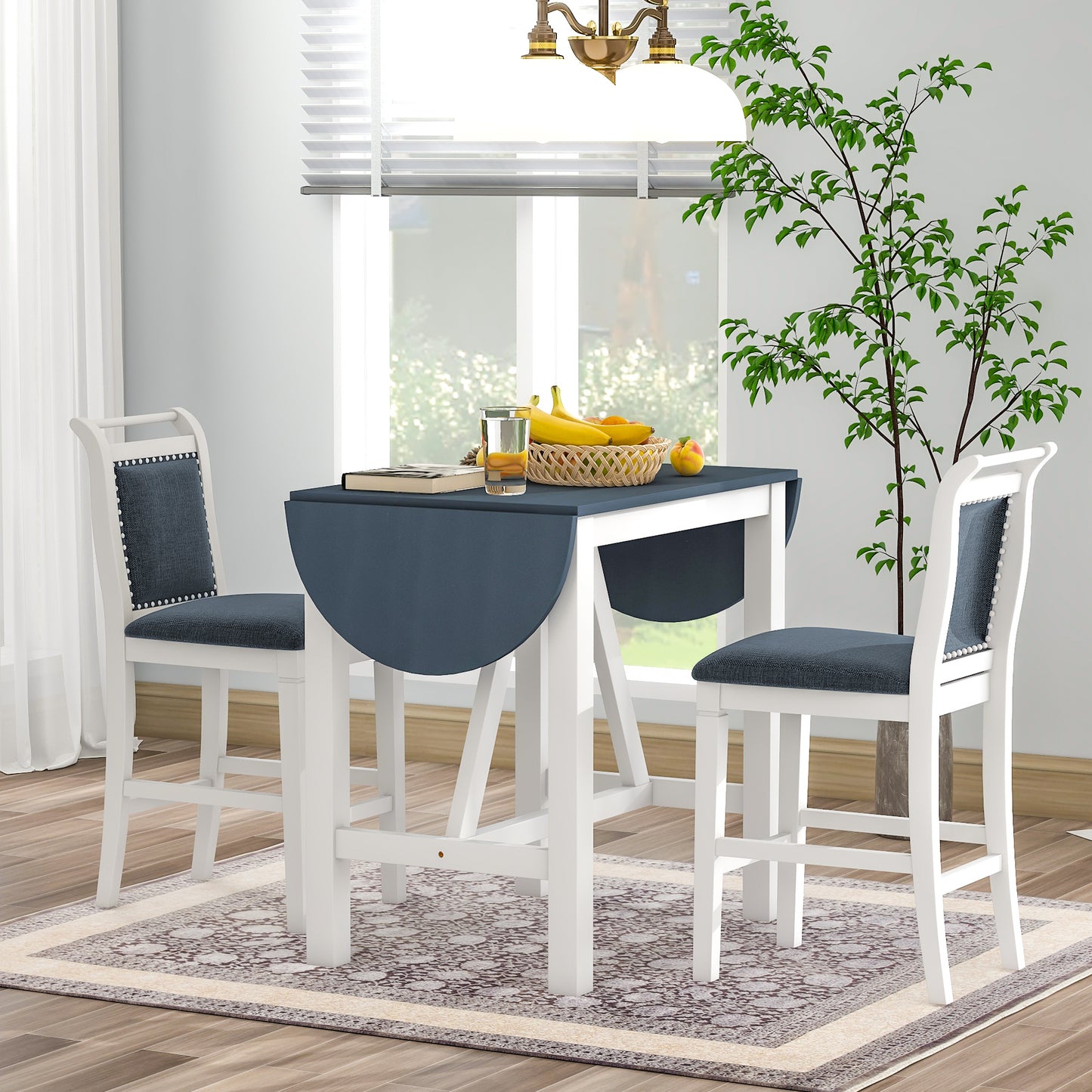 TOPMAX 3 Piece Wood Drop Leaf Dining Table Set  White/Gray